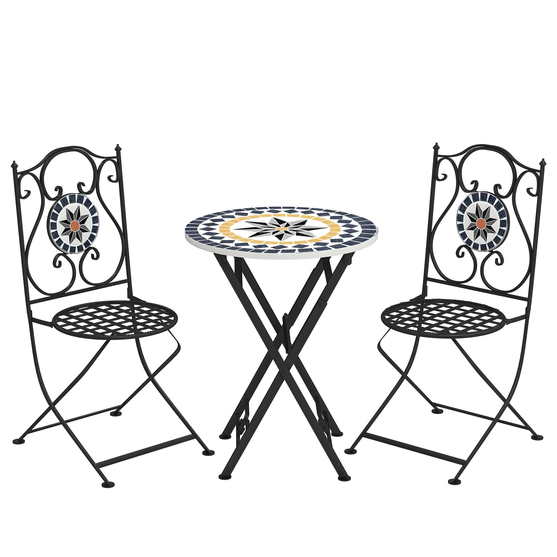 3-Piece Outdoor Garden Set Outdoor Furniture with Round Table Folding Chairs and Geometric Mosaic Pattern for Terrace Patio Balcony Multicolor