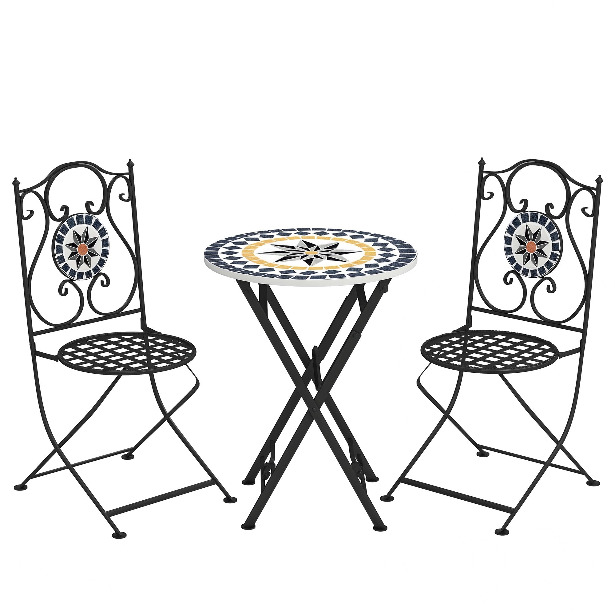 3-Piece Outdoor Garden Set Outdoor Furniture with Round Table Folding Chairs and Geometric Mosaic Pattern for Terrace Patio Balcony Multicolor