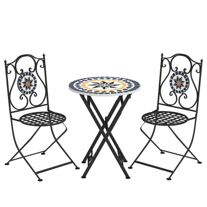 3-Piece Outdoor Garden Set Outdoor Furniture with Round Table Folding Chairs and Geometric Mosaic Pattern for Terrace Patio Balcony Multicolor