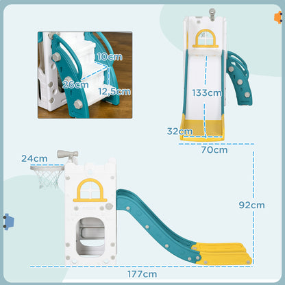 Children's Slide, 4 in 1, Toddler Slide with Basketball Hoop, Telescope Climbing Frame Slide with Basketball for Children 1-3 Years, Indoor, Yellow 70 x 177 x 92 cm