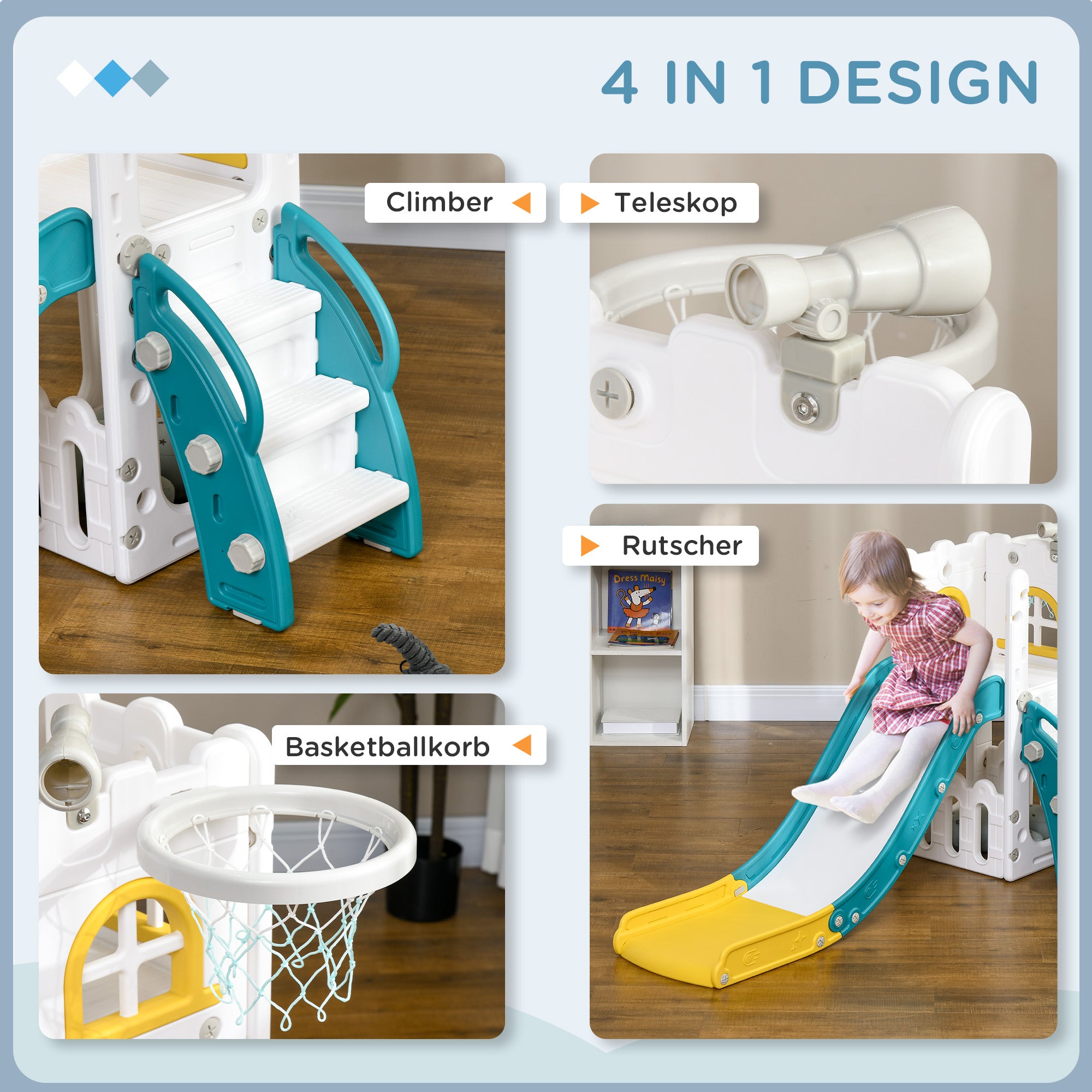 Children's Slide, 4 in 1, Toddler Slide with Basketball Hoop, Telescope Climbing Frame Slide with Basketball for Children 1-3 Years, Indoor, Yellow 70 x 177 x 92 cm