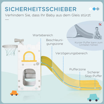 Children's Slide, 4 in 1, Toddler Slide with Basketball Hoop, Telescope Climbing Frame Slide with Basketball for Children 1-3 Years, Indoor, Yellow 70 x 177 x 92 cm