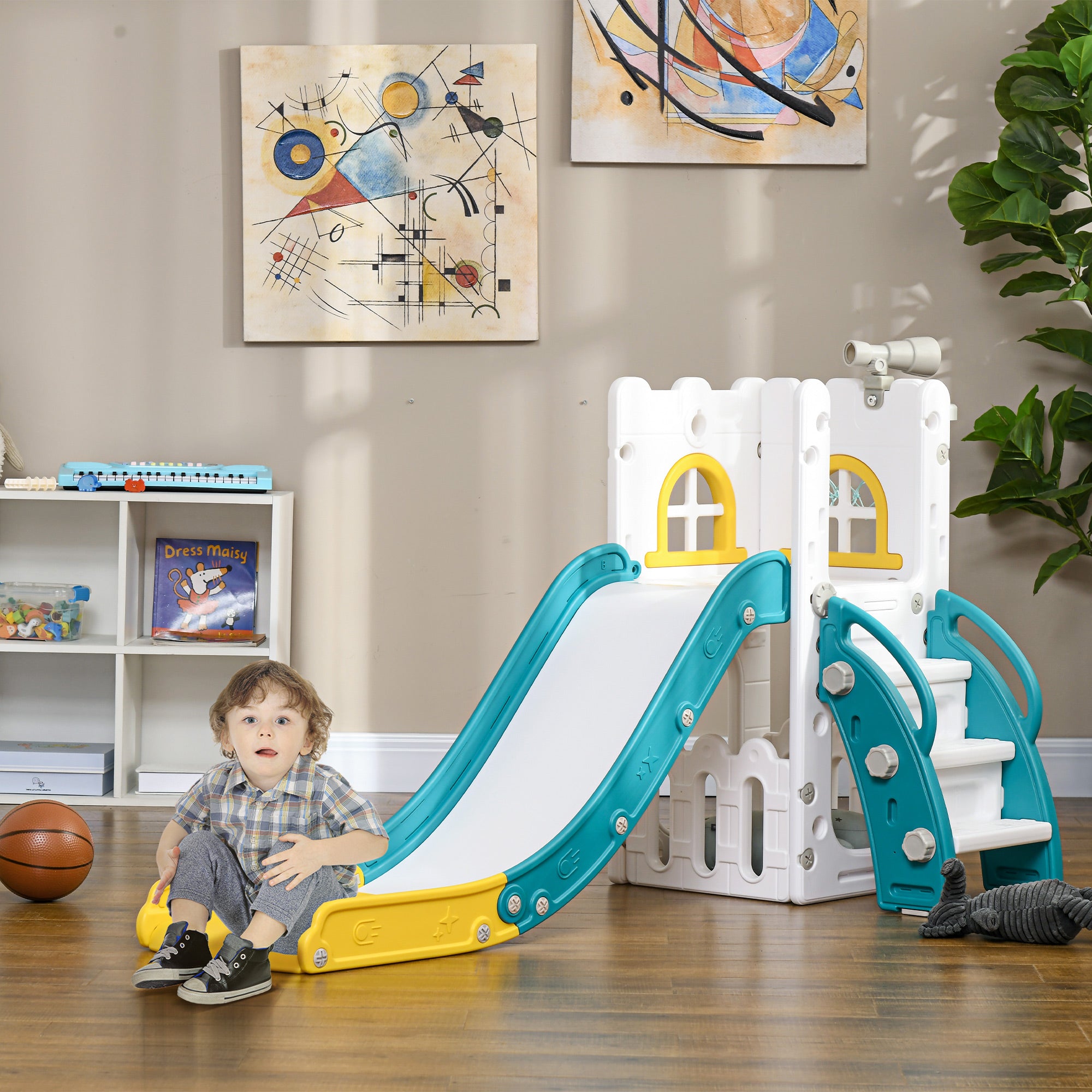Children's Slide, 4 in 1, Toddler Slide with Basketball Hoop, Telescope Climbing Frame Slide with Basketball for Children 1-3 Years, Indoor, Yellow 70 x 177 x 92 cm