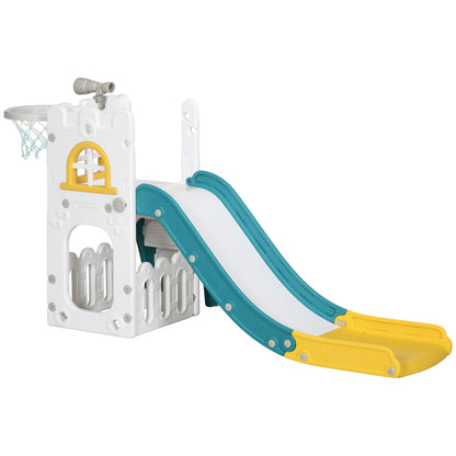 Children's Slide, 4 in 1, Toddler Slide with Basketball Hoop, Telescope Climbing Frame Slide with Basketball for Children 1-3 Years, Indoor, Yellow 70 x 177 x 92 cm