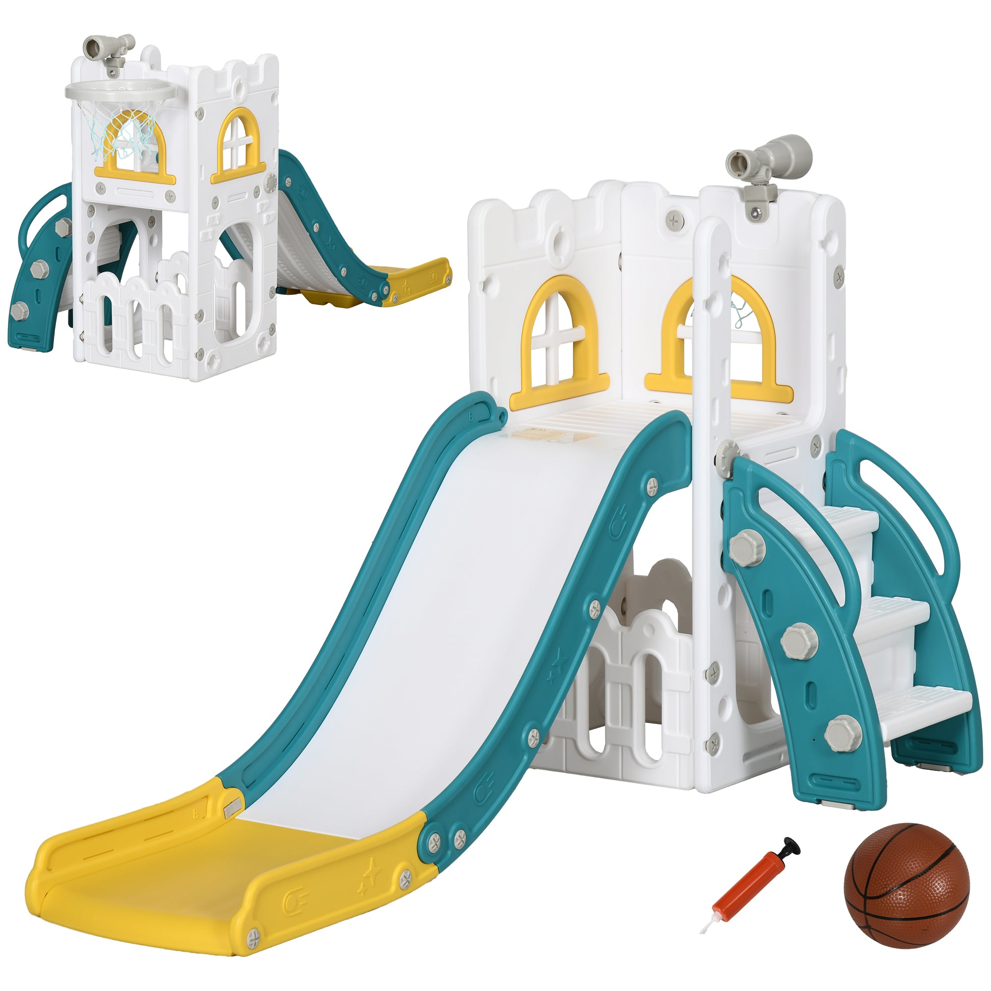Children's Slide, 4 in 1, Toddler Slide with Basketball Hoop, Telescope Climbing Frame Slide with Basketball for Children 1-3 Years, Indoor, Yellow 70 x 177 x 92 cm