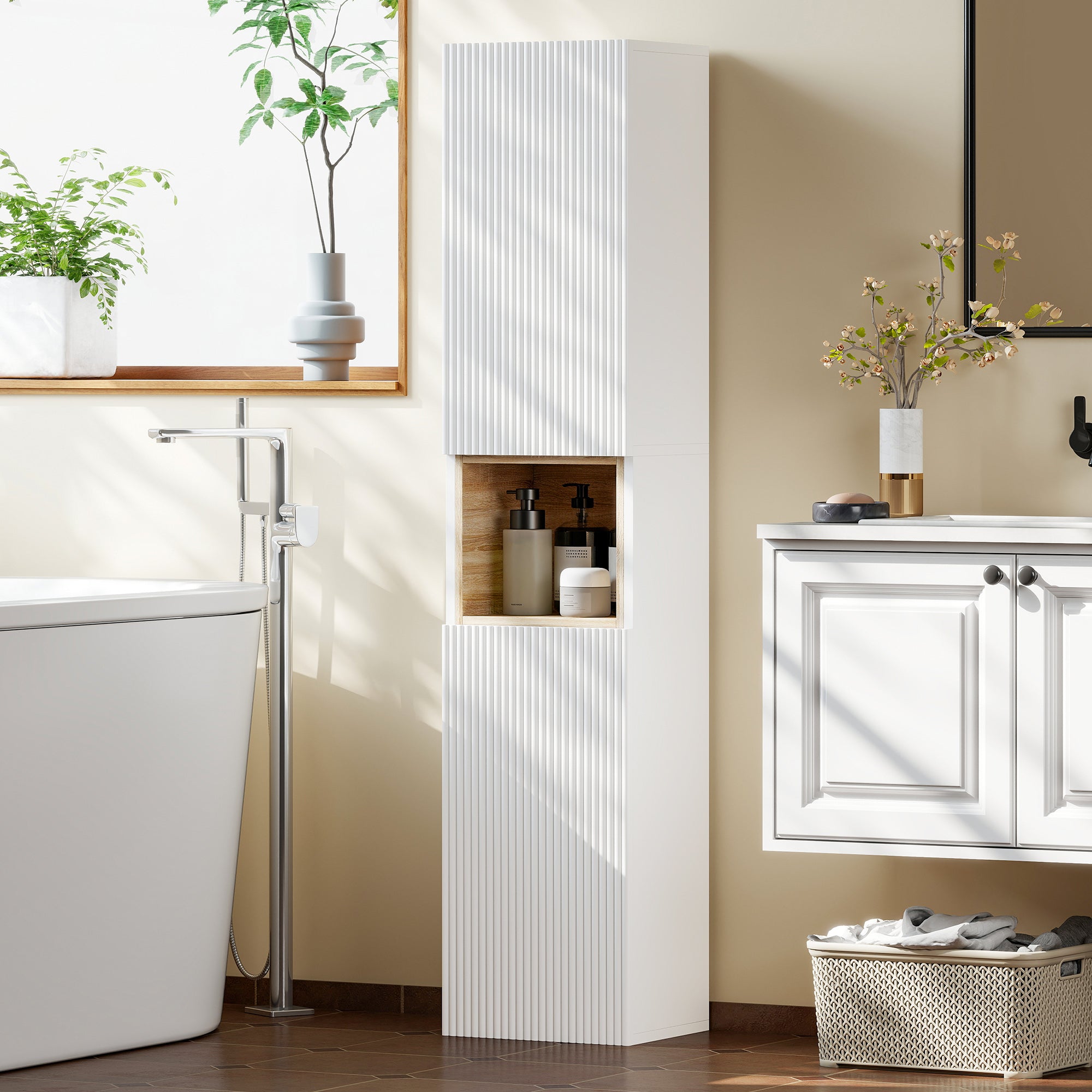 Narrow Tall Bathroom Cabinet — 2 Ribbed Soft-Close Doors, Open Shelf & Adjustable Shelves, 11.8 x 9.4 x 55.1 in, White