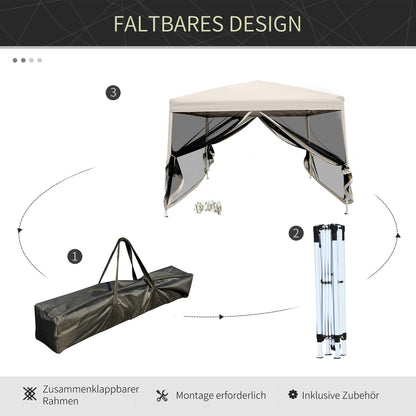 Folding Pavilion Gazebo Pop-up Canopy with Sidewalls incl. Carrying Bag, Steel+Oxford, Beige, 3x3x2.55m