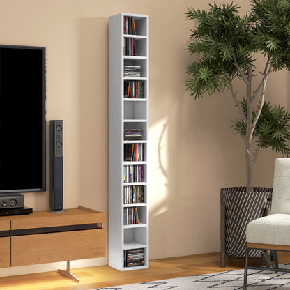 CD and DVD Storage, column shelf unit, storage unit with 12 compartments, max capacity 204 CD, 21 x 20 x 175 cm, white