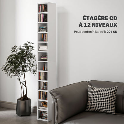 CD and DVD Storage, column shelf unit, storage unit with 12 compartments, max capacity 204 CD, 21 x 20 x 175 cm, white