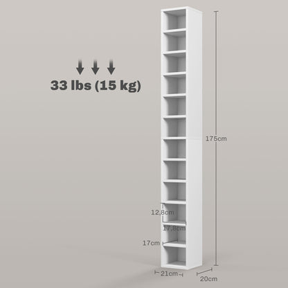 CD and DVD Storage, column shelf unit, storage unit with 12 compartments, max capacity 204 CD, 21 x 20 x 175 cm, white