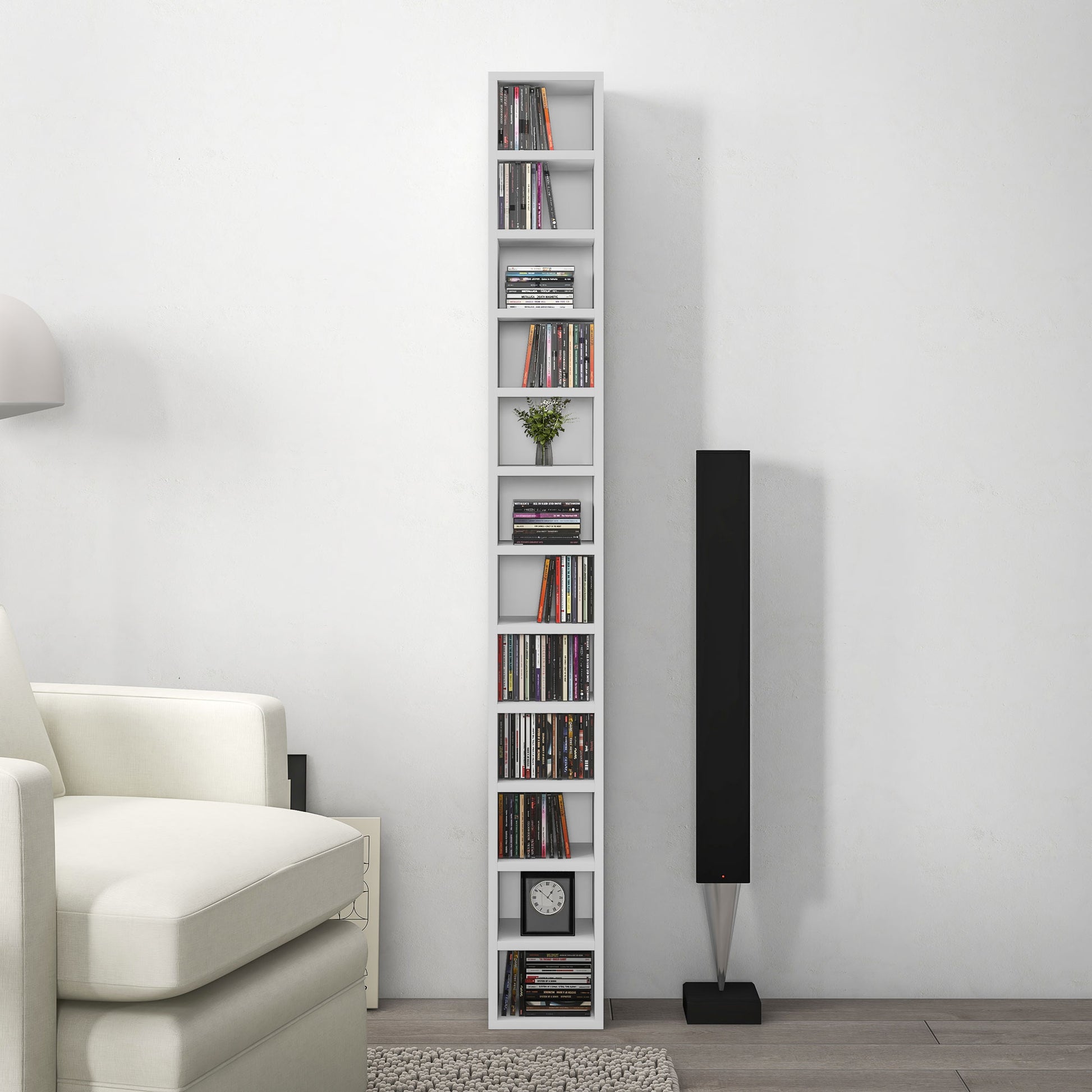 CD and DVD Storage, column shelf unit, storage unit with 12 compartments, max capacity 204 CD, 21 x 20 x 175 cm, white