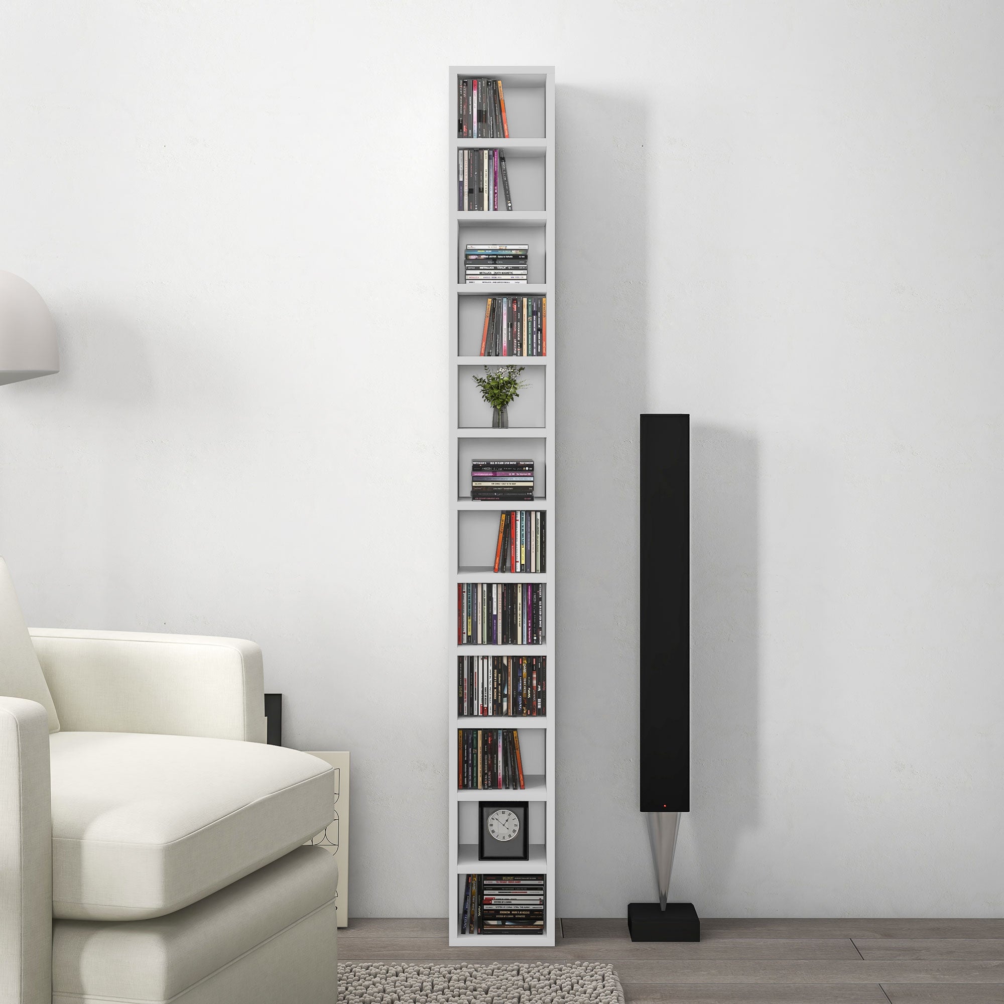 CD and DVD Storage, column shelf unit, storage unit with 12 compartments, max capacity 204 CD, 21 x 20 x 175 cm, white