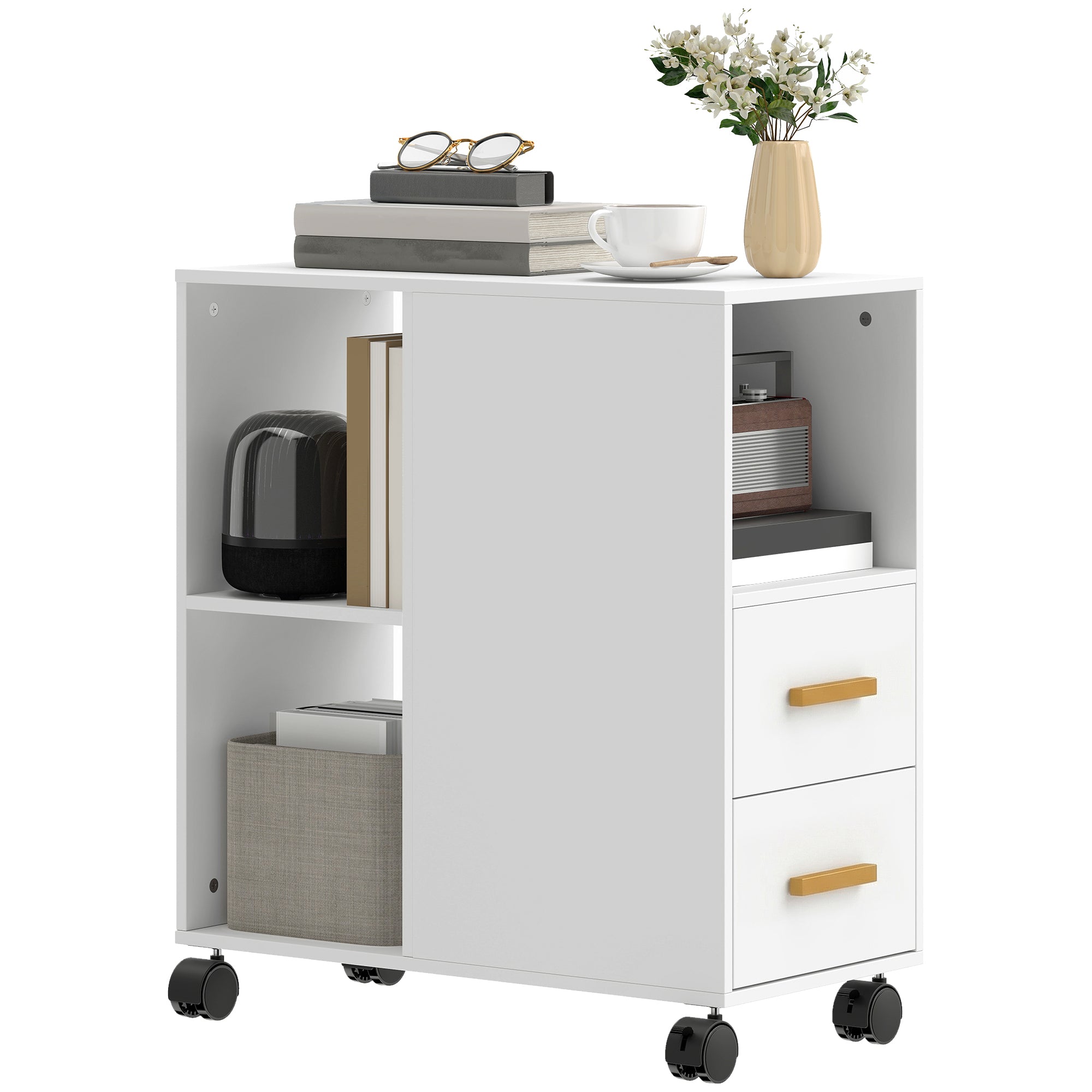 Mobile Printer Stand with Adjustable Shelf, Wheels & Desk Organizer — Printer Cart for Office, Fax, Scanner | White (23.6 x 11.8 x 25.6 in)