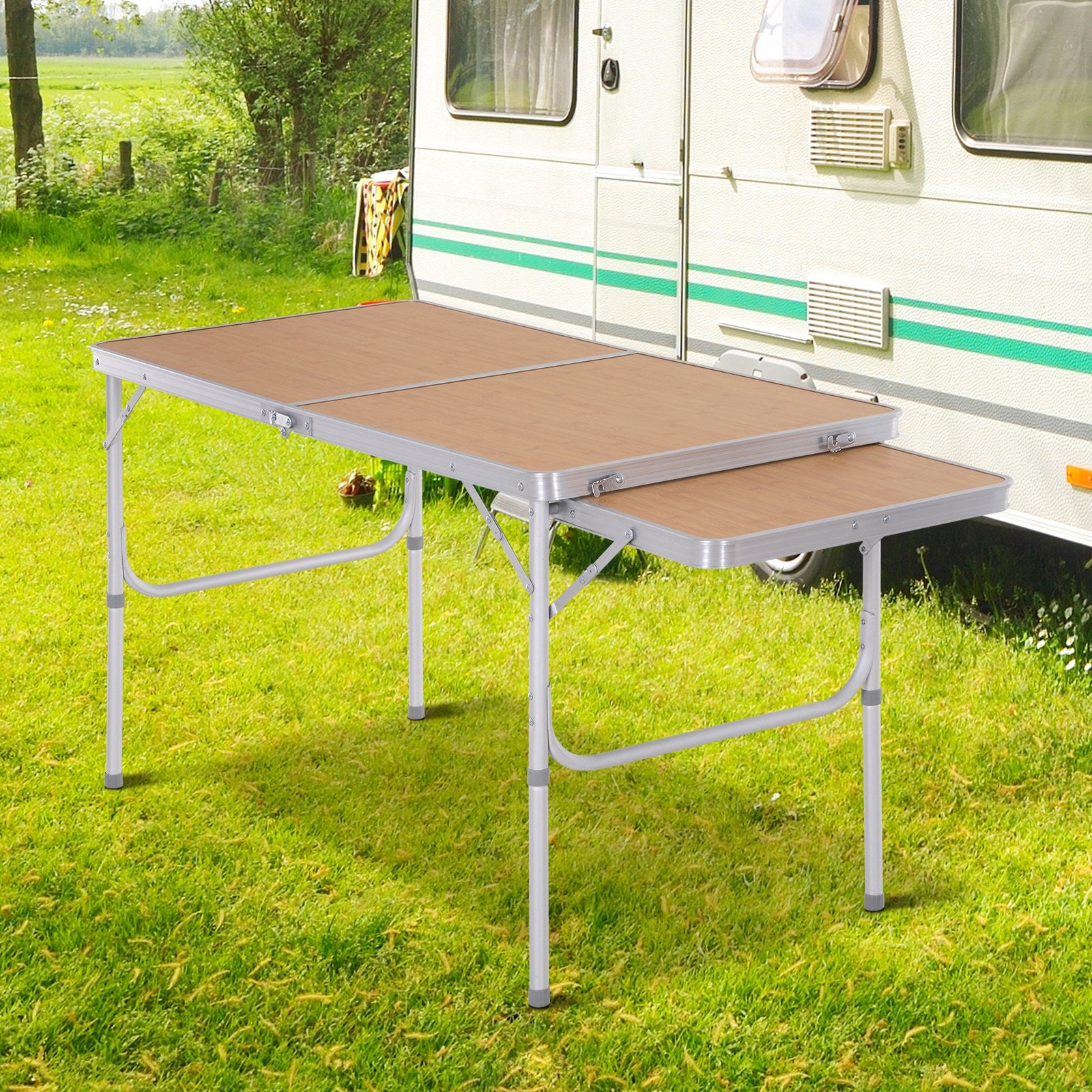 Portable Folding Camping Table with Flip-Out Wing Lightweight Aluminum Picnic Table Load 30kg Adjustable Height 153x60x39/71 cm