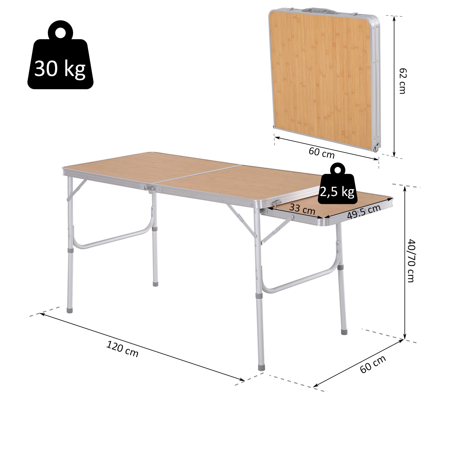 Portable Folding Camping Table with Flip-Out Wing Lightweight Aluminum Picnic Table Load 30kg Adjustable Height 153x60x39/71 cm