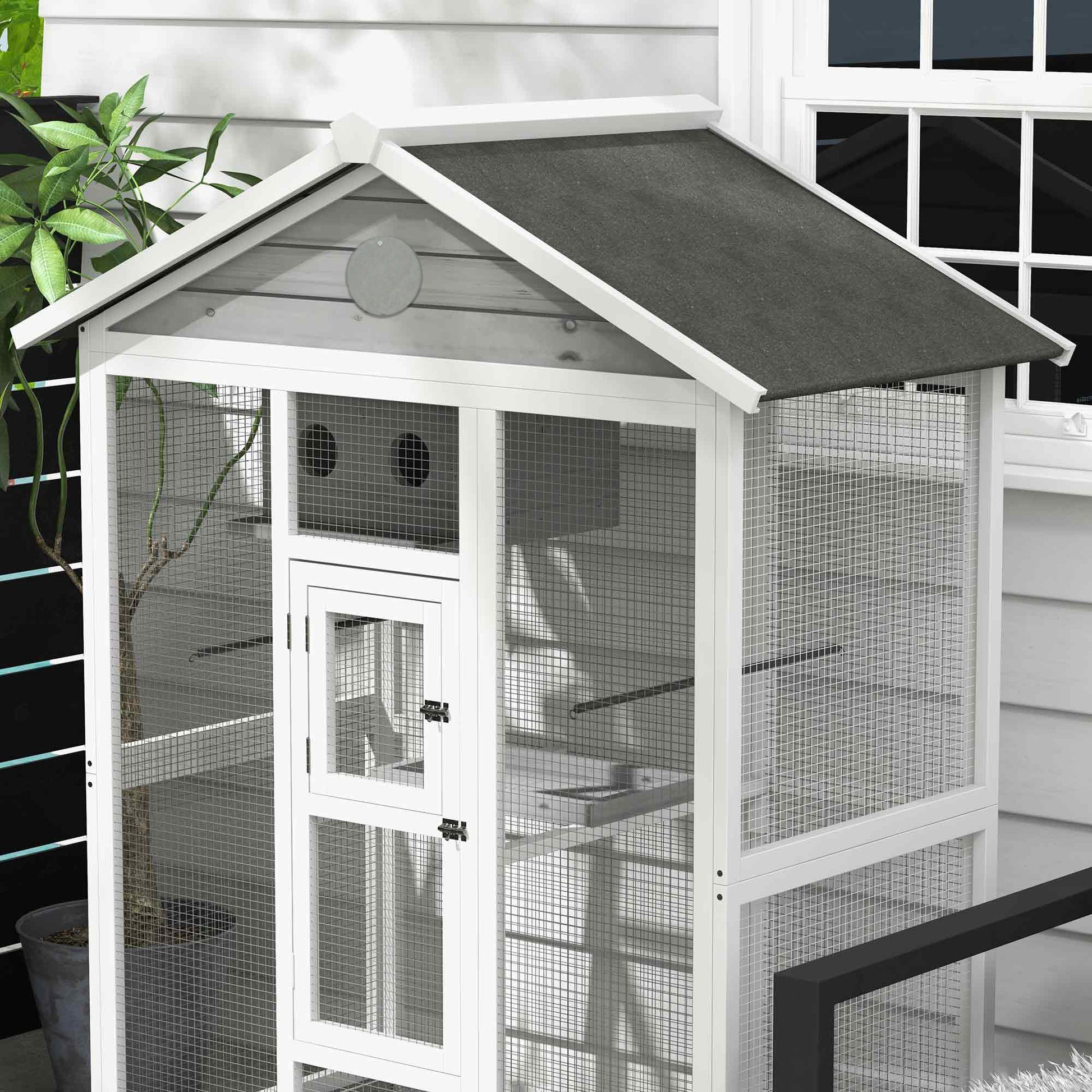 Wooden Bird Aviary Bird Cage Large Budgerigar Cage with 4 Perches, Birdhouse with Pull-Out Tray, Birdhouse for Canaries, Fir, 112 x 68 x 154 cm
