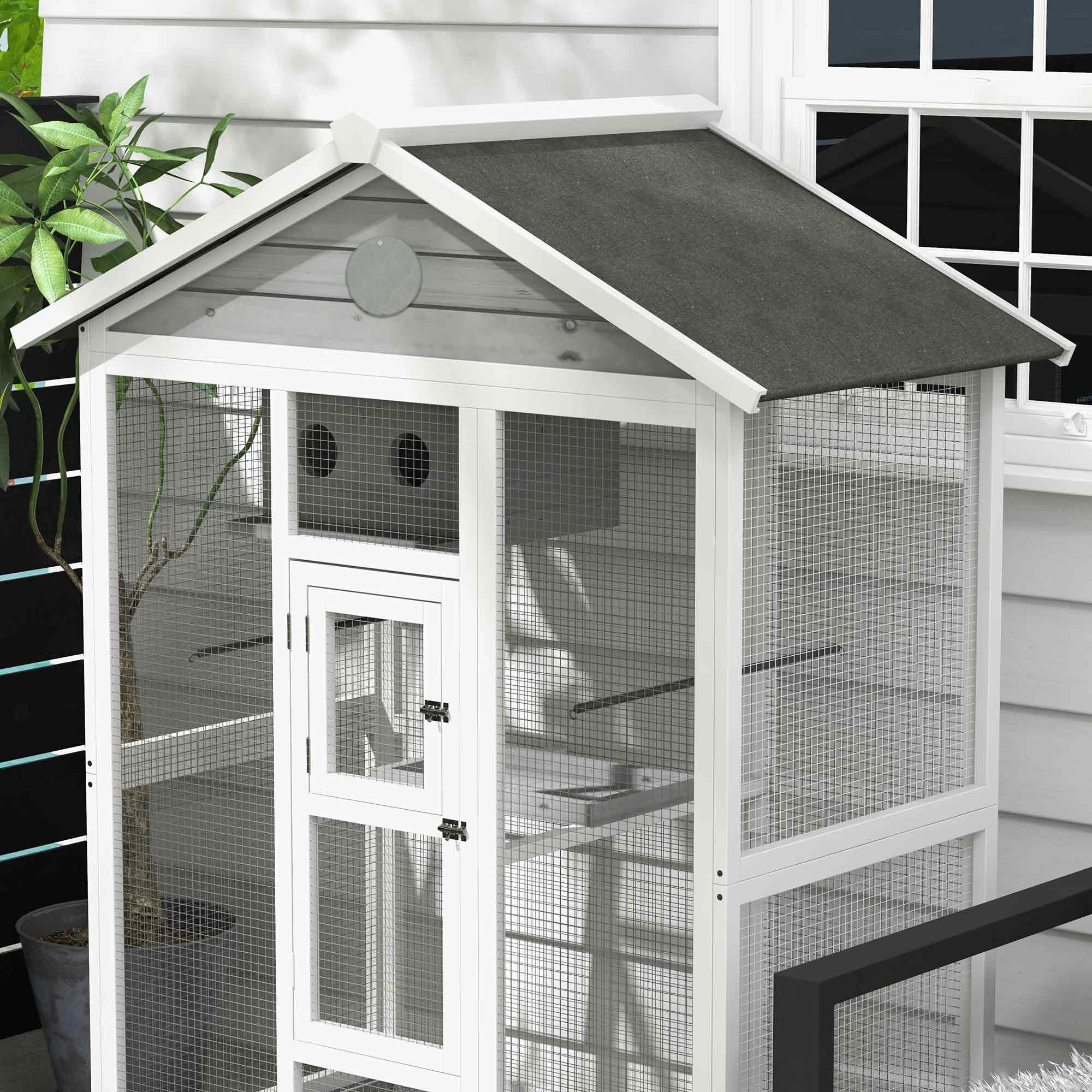 Wooden Bird Aviary Bird Cage Large Budgerigar Cage with 4 Perches, Birdhouse with Pull-Out Tray, Birdhouse for Canaries, Fir, 112 x 68 x 154 cm