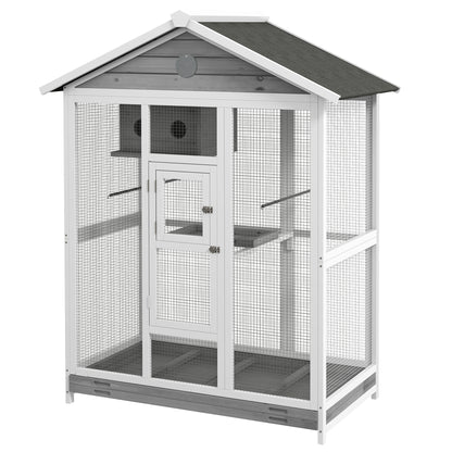 Wooden Bird Aviary Bird Cage Large Budgerigar Cage with 4 Perches, Birdhouse with Pull-Out Tray, Birdhouse for Canaries, Fir, 112 x 68 x 154 cm