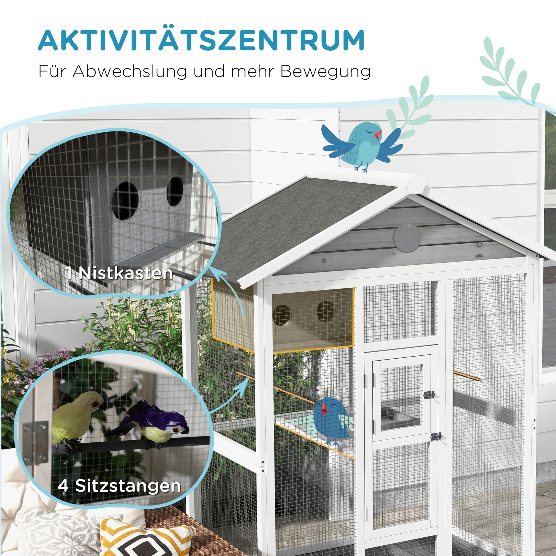 Wooden Bird Aviary Bird Cage Large Budgerigar Cage with 4 Perches, Birdhouse with Pull-Out Tray, Birdhouse for Canaries, Fir, 112 x 68 x 154 cm