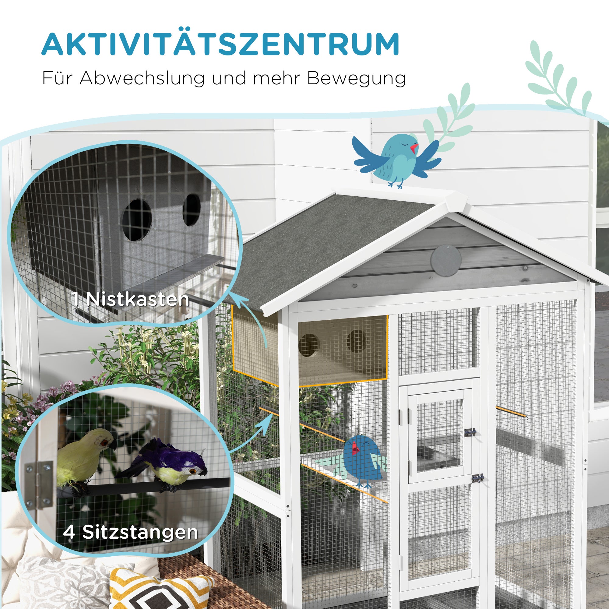 Wooden Bird Aviary Bird Cage Large Budgerigar Cage with 4 Perches, Birdhouse with Pull-Out Tray, Birdhouse for Canaries, Fir, 112 x 68 x 154 cm