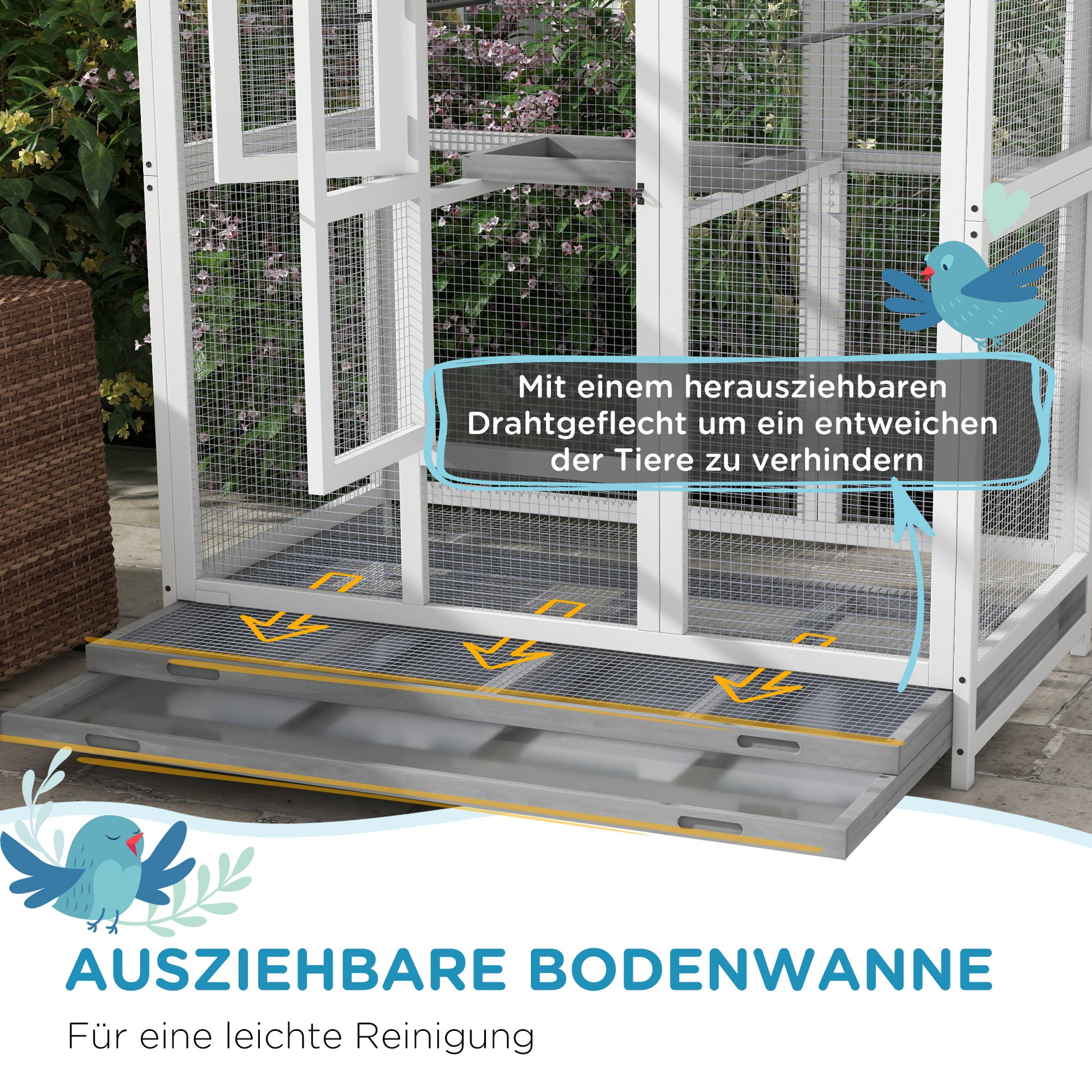 Wooden Bird Aviary Bird Cage Large Budgerigar Cage with 4 Perches, Birdhouse with Pull-Out Tray, Birdhouse for Canaries, Fir, 112 x 68 x 154 cm