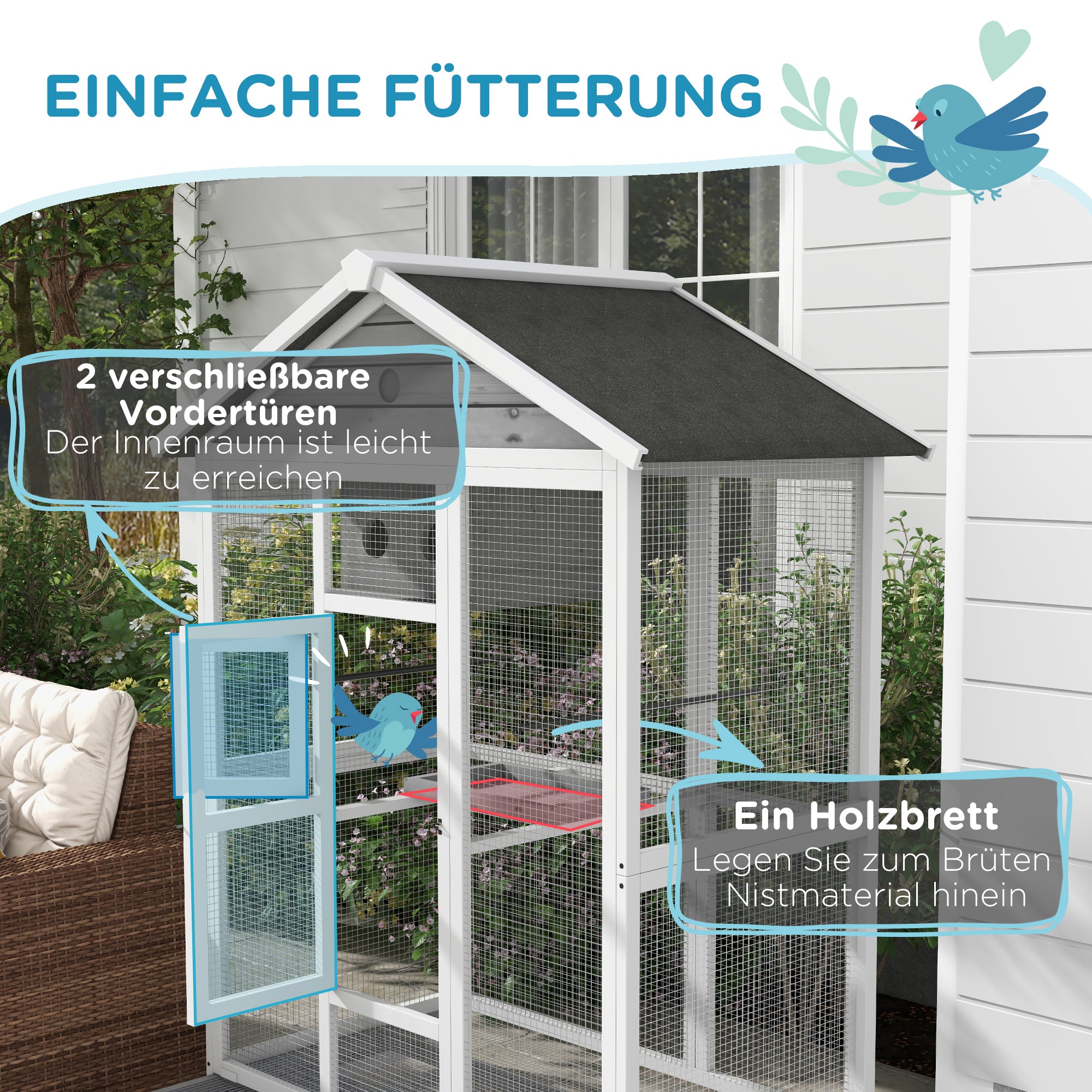 Wooden Bird Aviary Bird Cage Large Budgerigar Cage with 4 Perches, Birdhouse with Pull-Out Tray, Birdhouse for Canaries, Fir, 112 x 68 x 154 cm