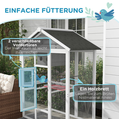 Wooden Bird Aviary Bird Cage Large Budgerigar Cage with 4 Perches, Birdhouse with Pull-Out Tray, Birdhouse for Canaries, Fir, 112 x 68 x 154 cm