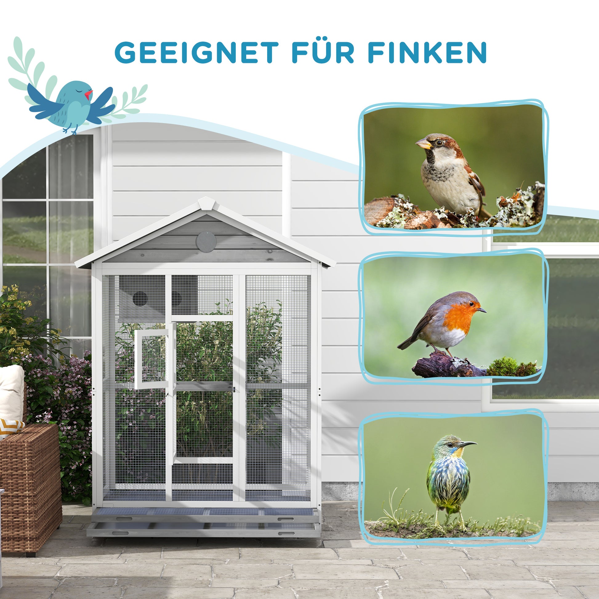 Wooden Bird Aviary Bird Cage Large Budgerigar Cage with 4 Perches, Birdhouse with Pull-Out Tray, Birdhouse for Canaries, Fir, 112 x 68 x 154 cm