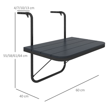 Hanging Balcony Table, Foldable Balcony Hanging Table, 4-Step Height Adjustable Folding Table, Hanging Table up to 25 kg, for Garden, Aluminum, 60 x 40 cm, Black