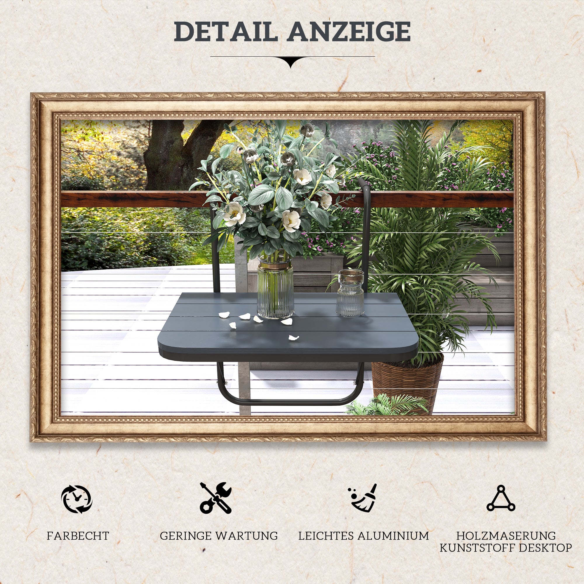 Hanging Balcony Table, Foldable Balcony Hanging Table, 4-Step Height Adjustable Folding Table, Hanging Table up to 25 kg, for Garden, Aluminum, 60 x 40 cm, Black