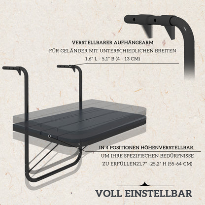 Hanging Balcony Table, Foldable Balcony Hanging Table, 4-Step Height Adjustable Folding Table, Hanging Table up to 25 kg, for Garden, Aluminum, 60 x 40 cm, Black
