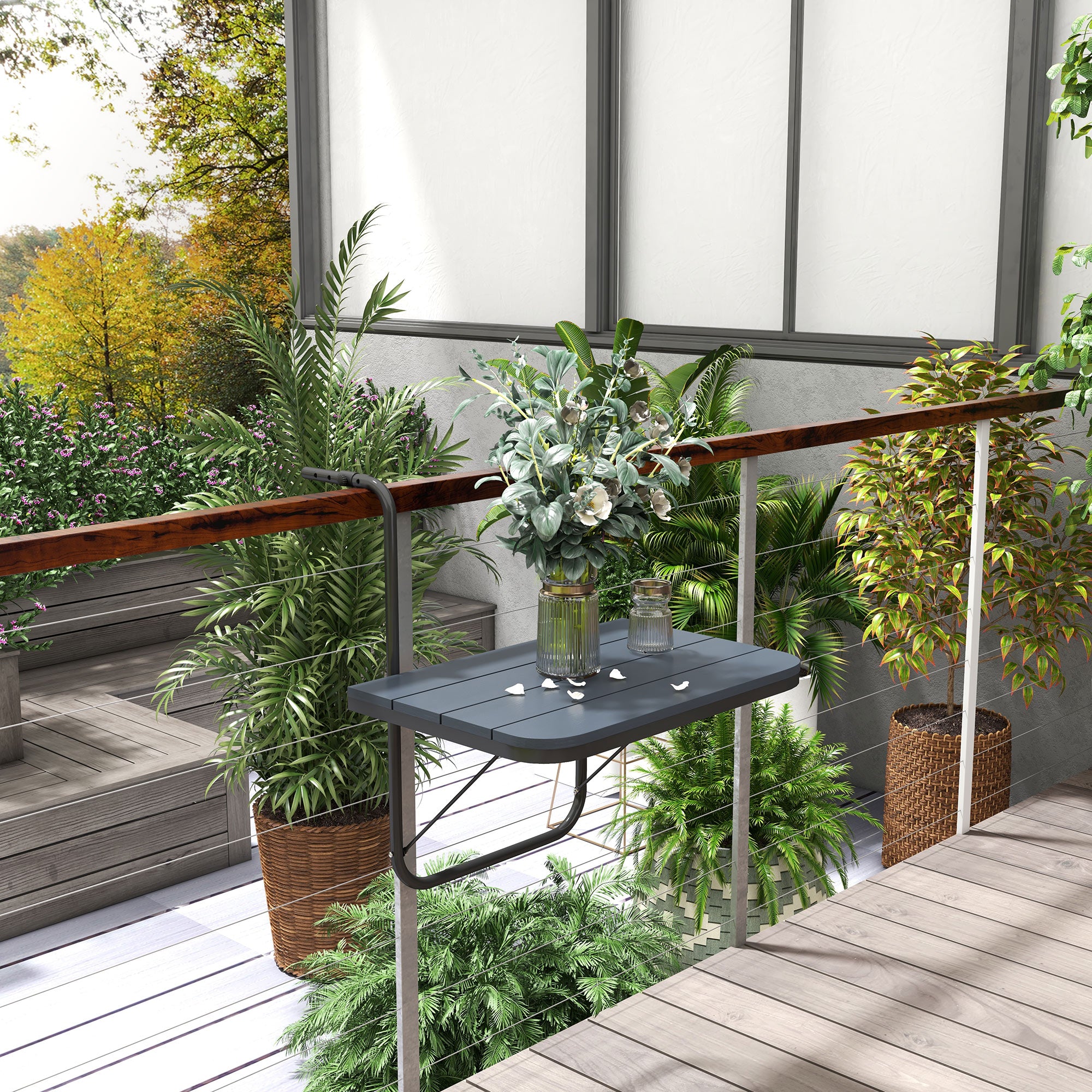 Hanging Balcony Table, Foldable Balcony Hanging Table, 4-Step Height Adjustable Folding Table, Hanging Table up to 25 kg, for Garden, Aluminum, 60 x 40 cm, Black