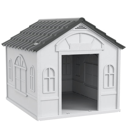 Dog House Outdoor 84.2x98.2x82 cm Dog House with Window Pattern and Imitation Tile Roof for Large Dogs Gray and White