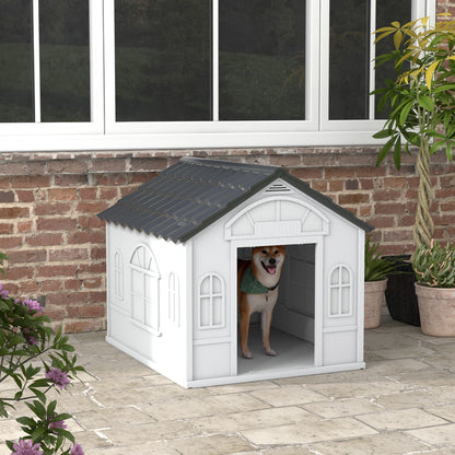 Dog House Outdoor 84.2x98.2x82 cm Dog House with Window Pattern and Imitation Tile Roof for Large Dogs Gray and White
