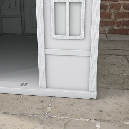 Dog House Outdoor 84.2x98.2x82 cm Dog House with Window Pattern and Imitation Tile Roof for Large Dogs Gray and White