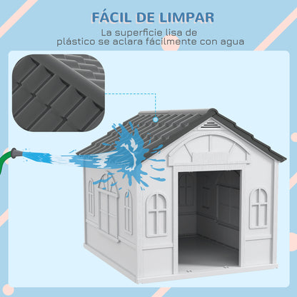 Dog House Outdoor 84.2x98.2x82 cm Dog House with Window Pattern and Imitation Tile Roof for Large Dogs Gray and White