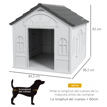 Dog House Outdoor 84.2x98.2x82 cm Dog House with Window Pattern and Imitation Tile Roof for Large Dogs Gray and White