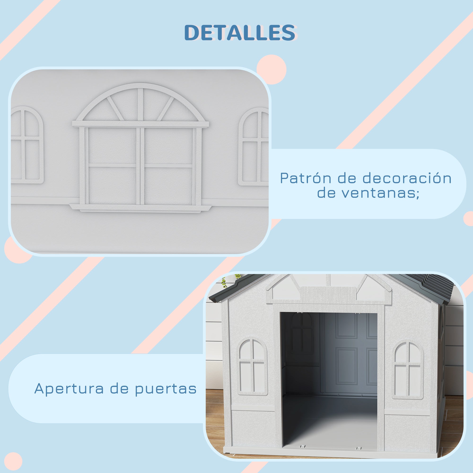 Dog House Outdoor 84.2x98.2x82 cm Dog House with Window Pattern and Imitation Tile Roof for Large Dogs Gray and White