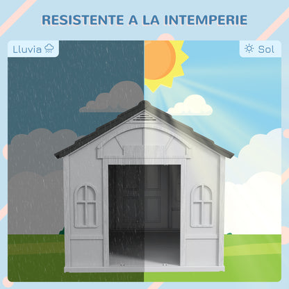 Dog House Outdoor 84.2x98.2x82 cm Dog House with Window Pattern and Imitation Tile Roof for Large Dogs Gray and White