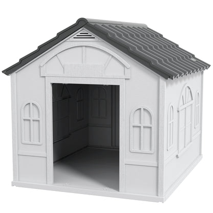 Dog House Outdoor 84.2x98.2x82 cm Dog House with Window Pattern and Imitation Tile Roof for Large Dogs Gray and White