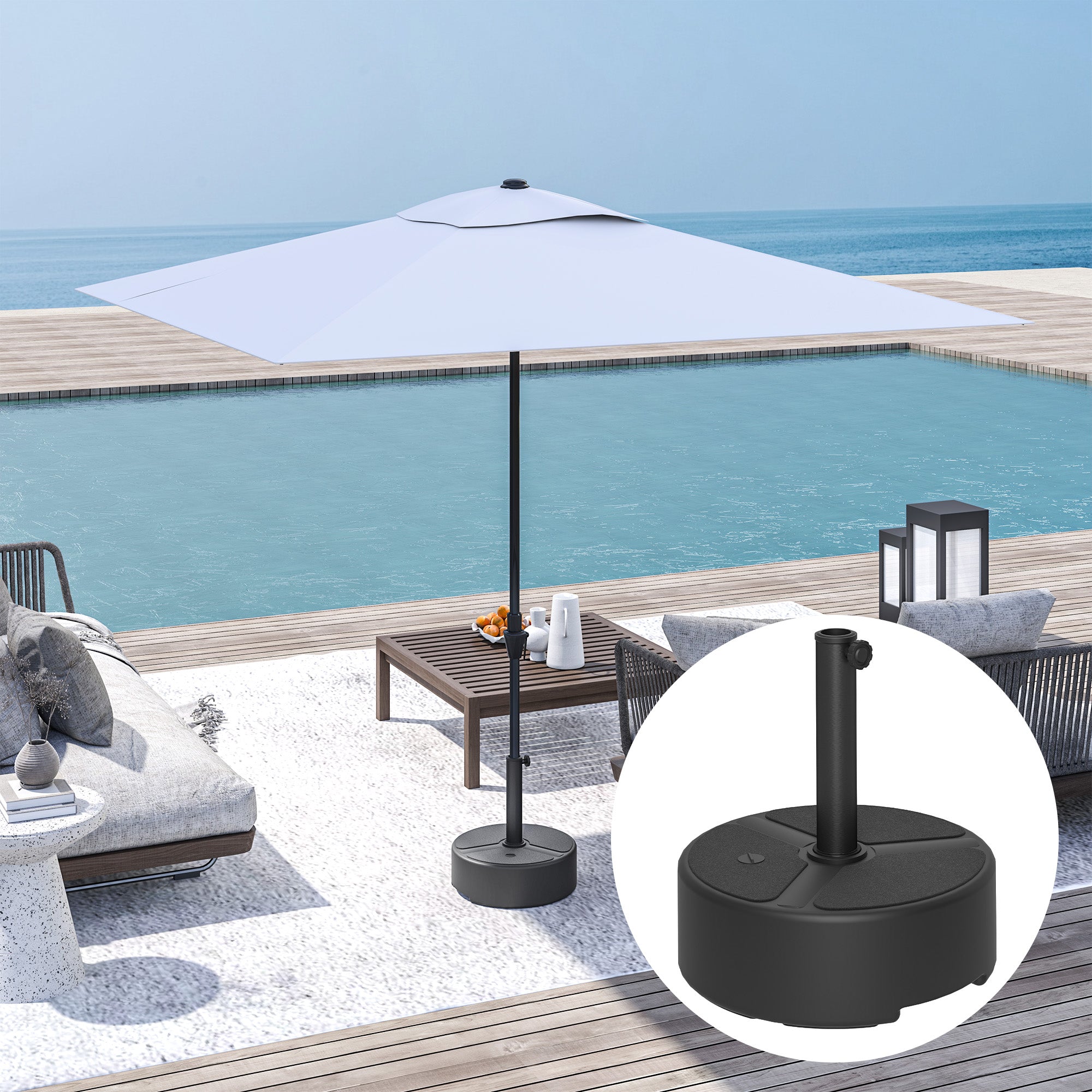 Fillable HDPE Umbrella Base — Round Stand for Ø38/Ø48 mm Poles, Holds 44 lb (20 kg) Sand or 40 lb (18 kg) Water, For Balcony/Patio/Garden — Black