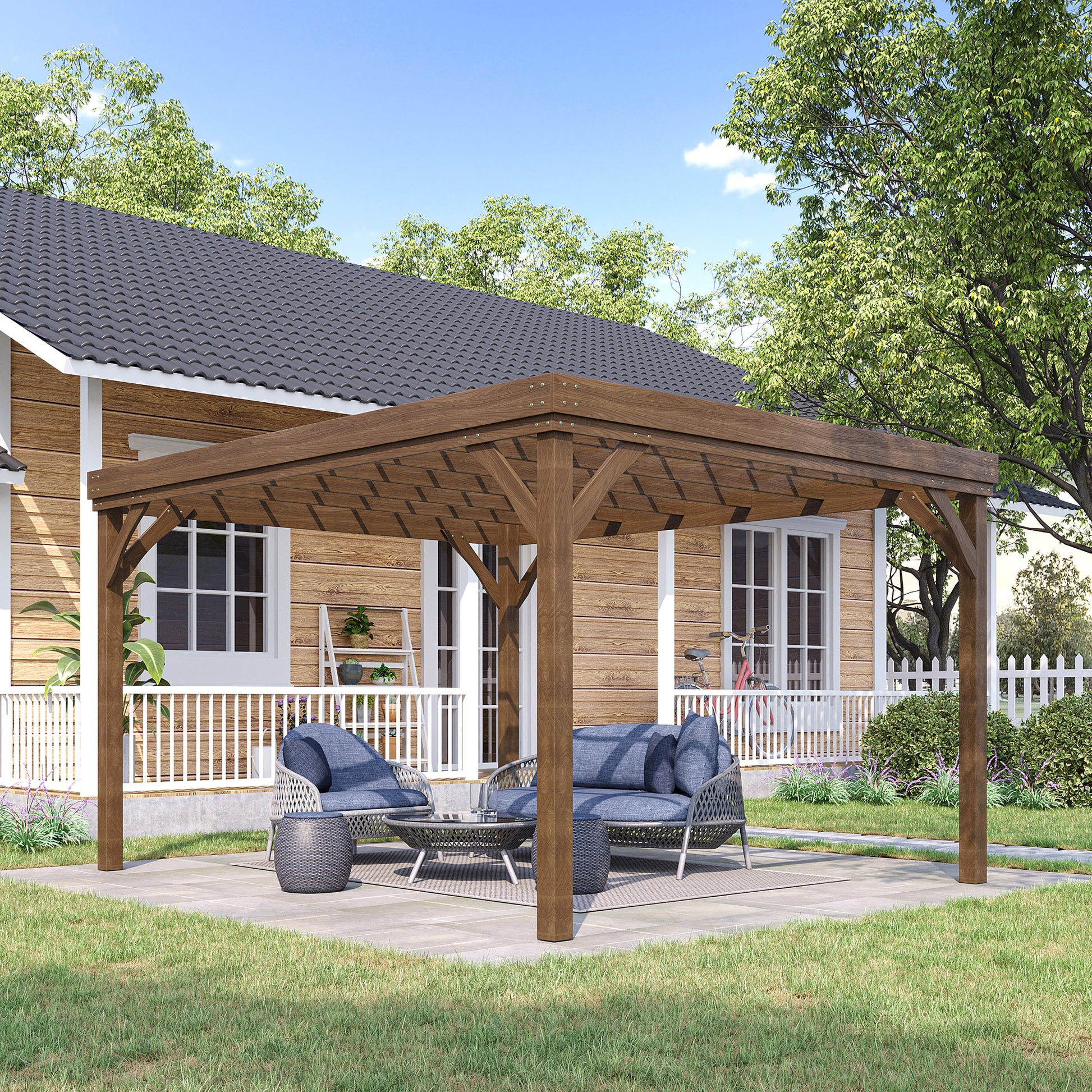 Outdoor Garden Pergola 4 x 3m Traditional Freestanding Wood Pergola with 4 Legs Terrace Roof to Decorate - Brown