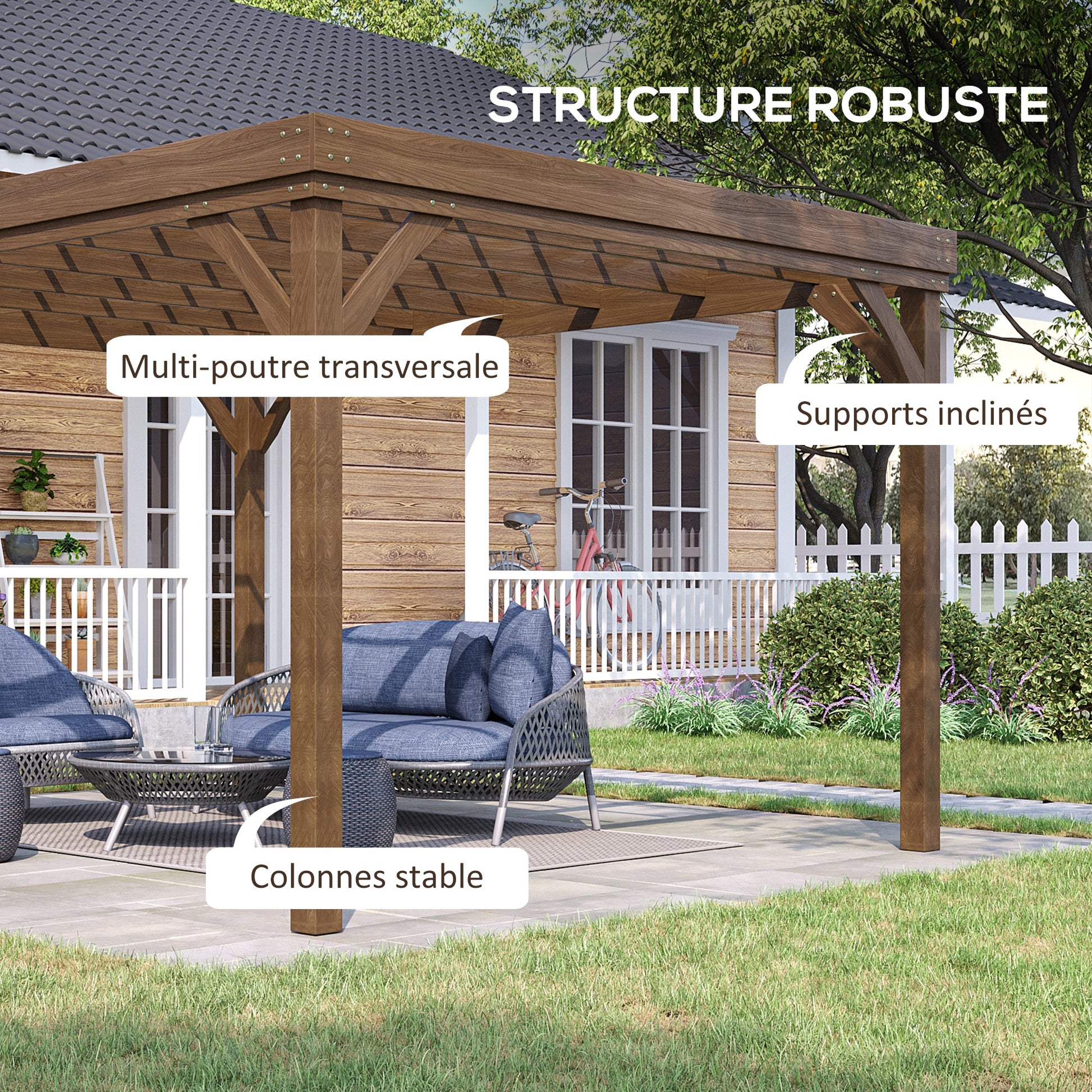 Outdoor Garden Pergola 4 x 3m Traditional Freestanding Wood Pergola with 4 Legs Terrace Roof to Decorate - Brown