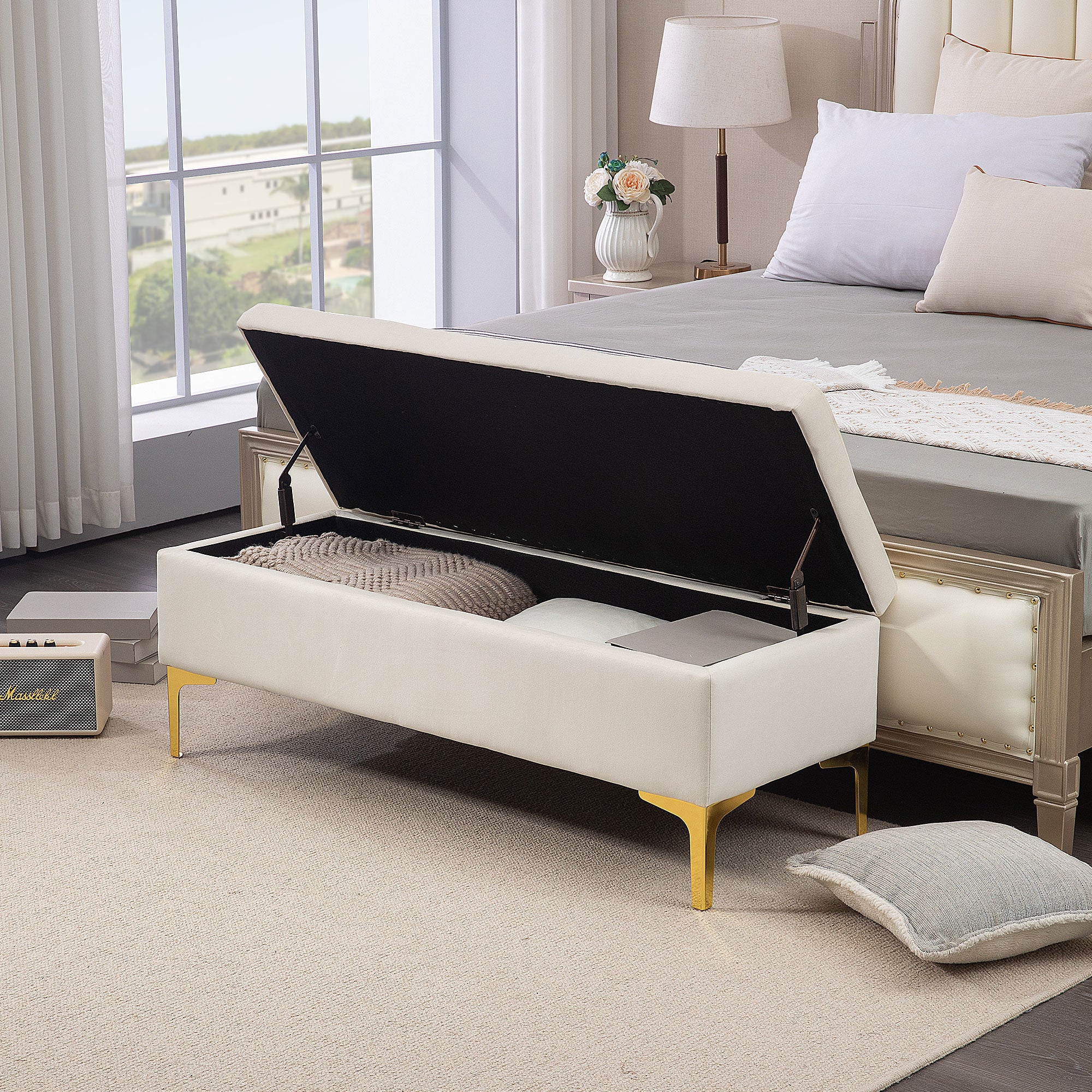 Storage Bench, Upholstered Bench with Velvet Look, Metal Legs, Bed Bench for Living Room, Bedroom, Hallway, 120 x 44 x 44.5 cm, Beige