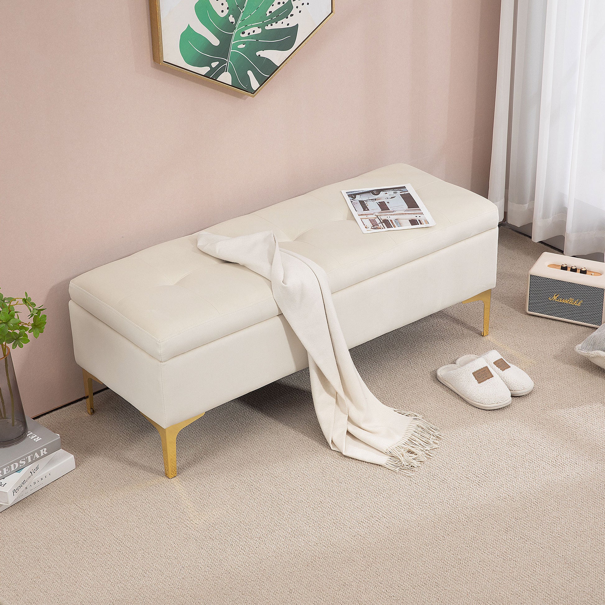 Storage Bench, Upholstered Bench with Velvet Look, Metal Legs, Bed Bench for Living Room, Bedroom, Hallway, 120 x 44 x 44.5 cm, Beige