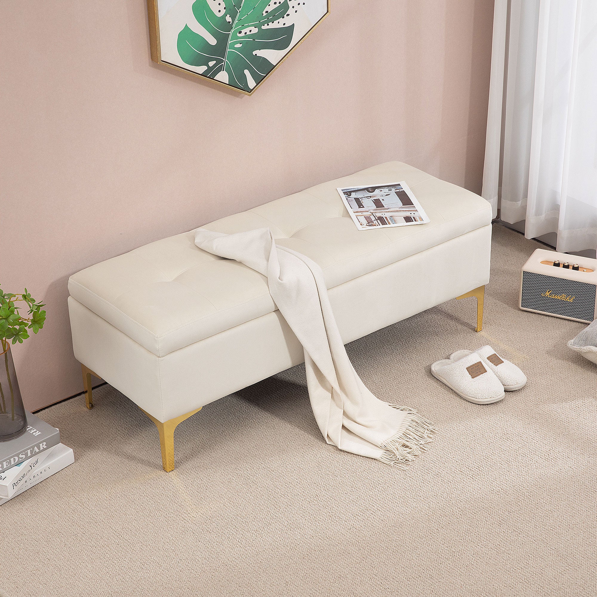 Storage Bench, Upholstered Bench with Velvet Look, Metal Legs, Bed Bench for Living Room, Bedroom, Hallway, 120 x 44 x 44.5 cm, Beige