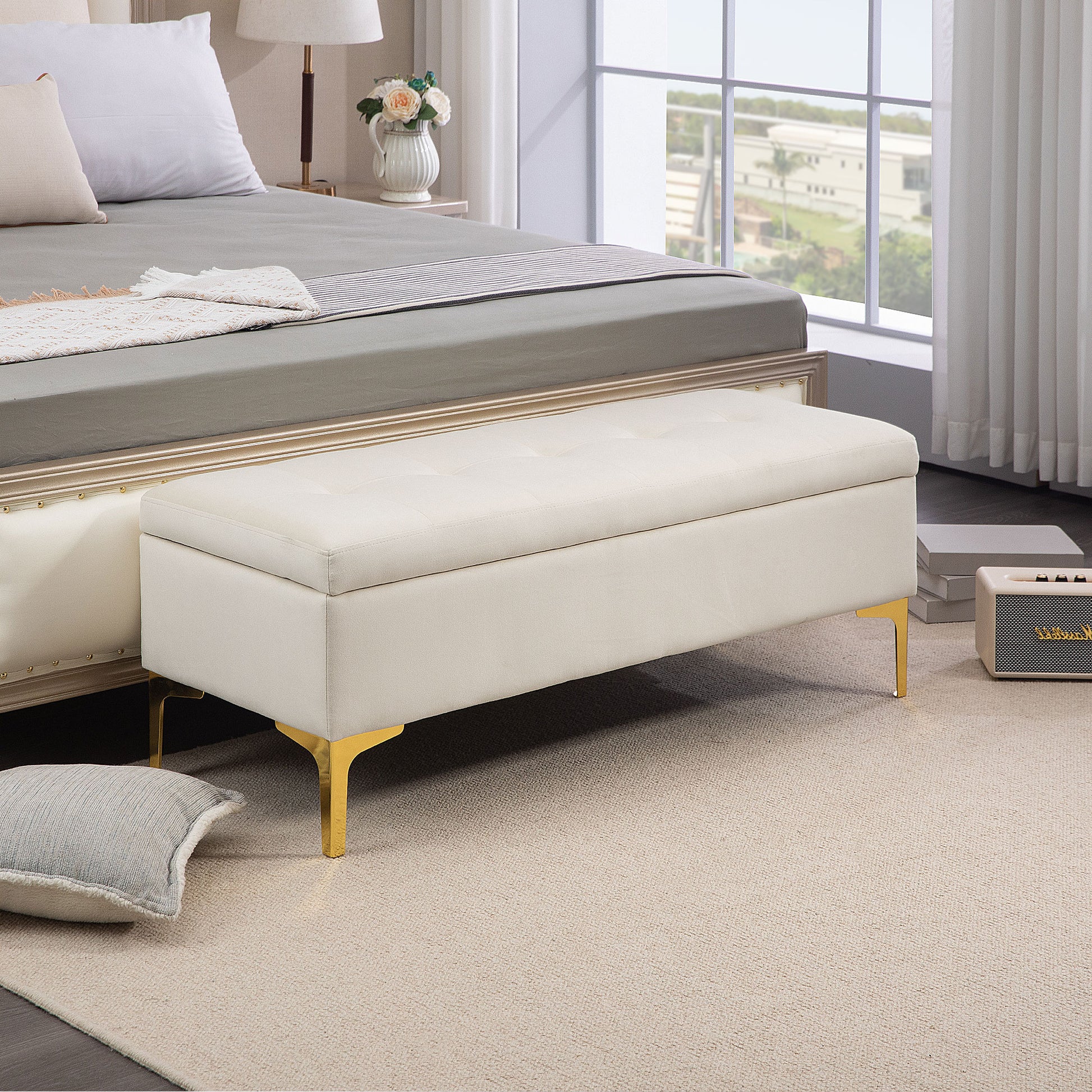 Storage Bench, Upholstered Bench with Velvet Look, Metal Legs, Bed Bench for Living Room, Bedroom, Hallway, 120 x 44 x 44.5 cm, Beige