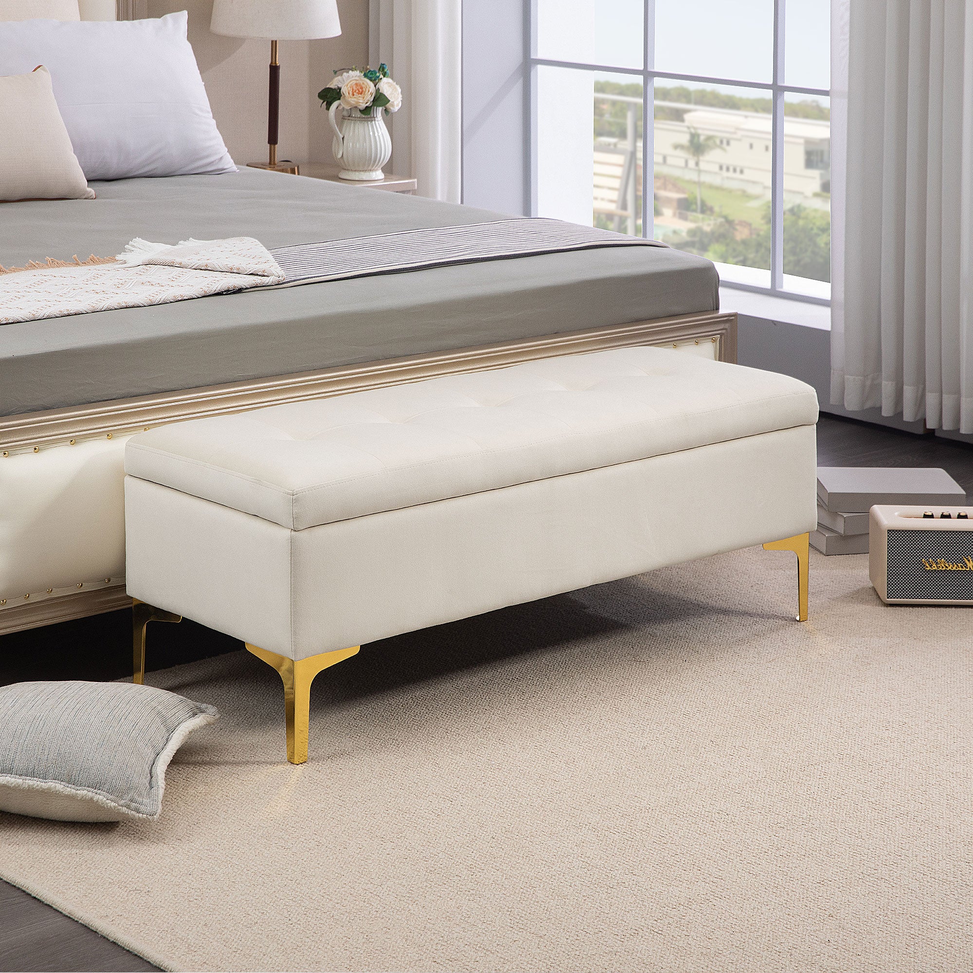 Storage Bench, Upholstered Bench with Velvet Look, Metal Legs, Bed Bench for Living Room, Bedroom, Hallway, 120 x 44 x 44.5 cm, Beige
