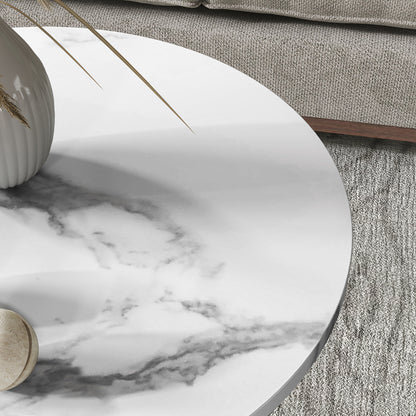 Round Coffee Table 2-Piece Set Side Table with Shelf, Steel Frame, Living Room Table in Marble Effect Coffee Table for Living Room Bedroom White