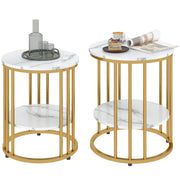 Round Coffee Table 2-Piece Set Side Table with Shelf, Steel Frame, Living Room Table in Marble Effect Coffee Table for Living Room Bedroom White